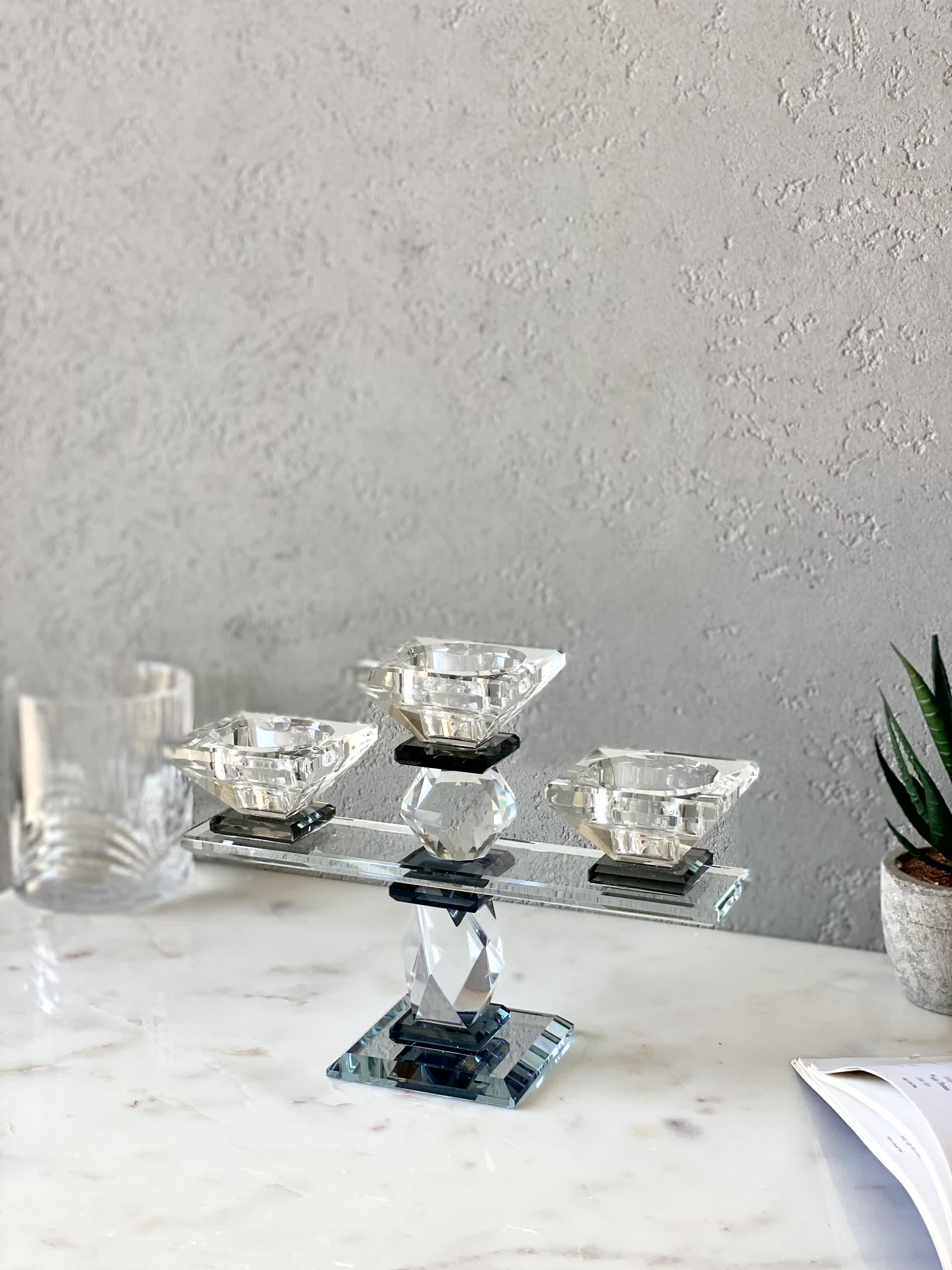 Three Arm Crystal Candle Holders - Black - Image 5